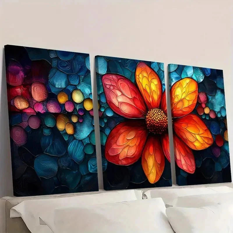3pcs Vibrant Stained Glass Style Flower l Wall Art Set Canvas Framed 40x60cm - High Quality Print 100% Australian Made Wall Canvas Ready to Hang