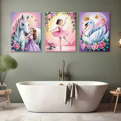3pcs Ballet Girl, White Horse, Crowned Swan  Wall Art Set Canvas Framed 50x70cm - High Quality Print 100% Australian Made Wall Canvas Ready to Hang - Bella Home Decor