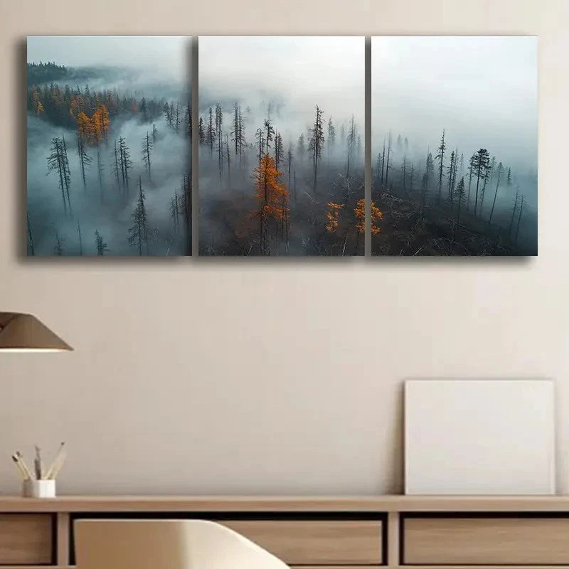 3pcs Foggy Forest Landscape Snow Capped Metal Print Ready to Hang Art - Bella Home Decor