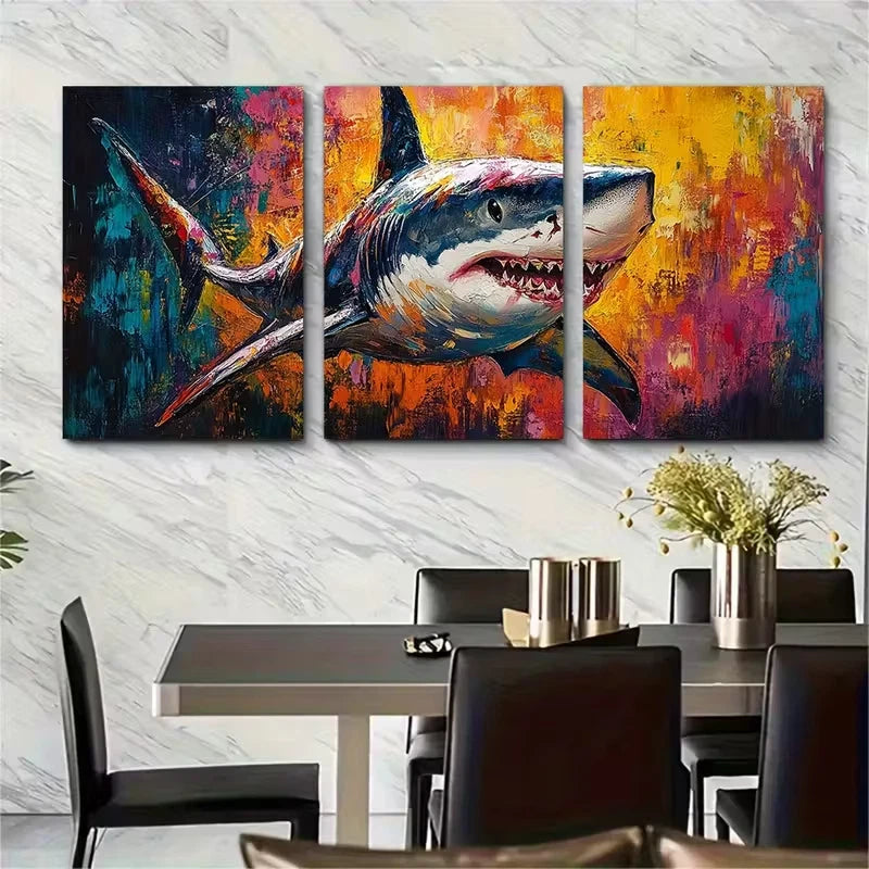 3pcs Colorful Abstract Shark Metal Print Ready to Hang Art - Bella Home Decor