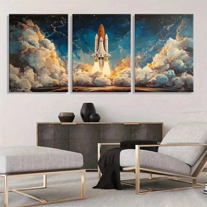 3pcs Space Shuttle Launch Vibrant Perfect Wall Art Set Canvas Framed 60x90cm - High Quality Print 100% Australian Made Wall Canvas Ready to Hang