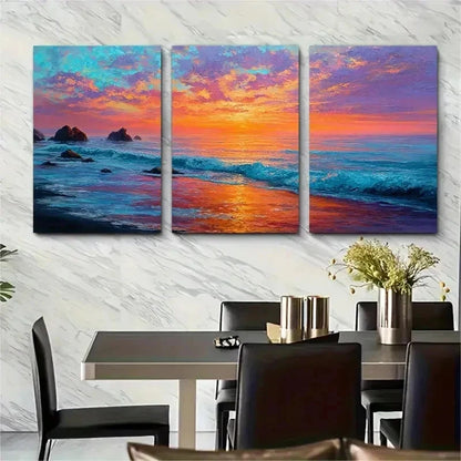 3pcs Ocean Sunset Vibrant Coastal Perfect Wall Art Set Canvas Framed 50x70cm - High Quality Print 100% Australian Made Wall Canvas Ready to Hang