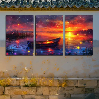 3pcs Small boat in the lake with Sunset view Metal Print Ready to Hang Art - Bella Home Decor