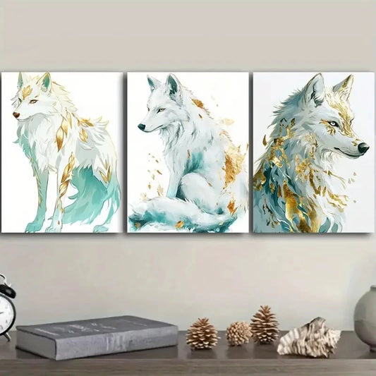 3pcs Graceful white Wolf Art Painting Metal Print Ready to Hang Art