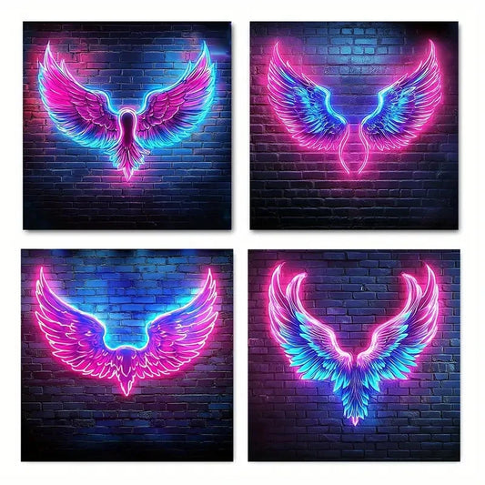4pcs Vibrant Neon WingWall Art Canvas Framed