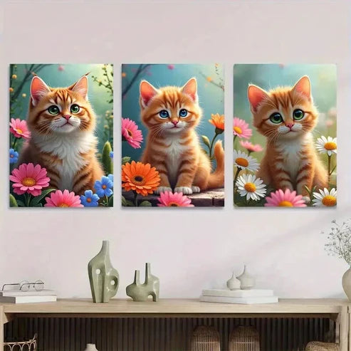 3pcs Charming Cat Trio Vibrant Floral Background Wall Art Set Canvas Unframed - High Quality Print 100% Australian Made Wall Canvas - Bella Home Decor