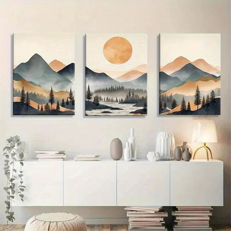 3pcs Abstract Landscape Warm Earth Tones Metal Print Ready to Hang Art - Bella Home Decor