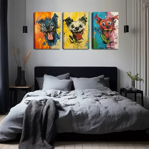 3pcs Tongue-Out Dog Illustrations Wall Art Set Wall Art Canvas Unframed - High Quality Print 100% Australian Made Wall Canvas