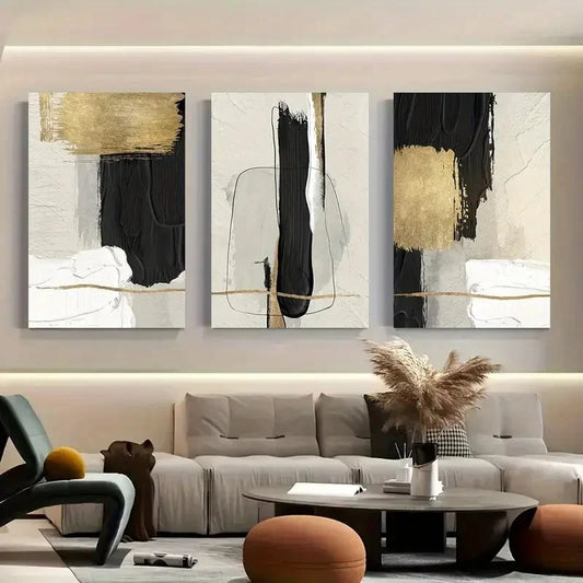 3pcs Black Golden & White Abstract BG Wall Art Canvas Framed 40x60cm - High Quality Print 100% Australian Made Wall Canvas Ready to Hang