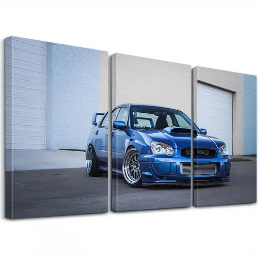 3pcs Classic Retro Minimalist Anime Blue Car Wall Art Set Canvas Framed 50x70cm - High Quality Print 100% Australian Made Wall Canvas Ready to Hang