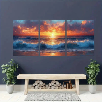 3pcs Ocean Waves Art Original Seascape Painting Metal Print Ready to Hang Art - Bella Home Decor