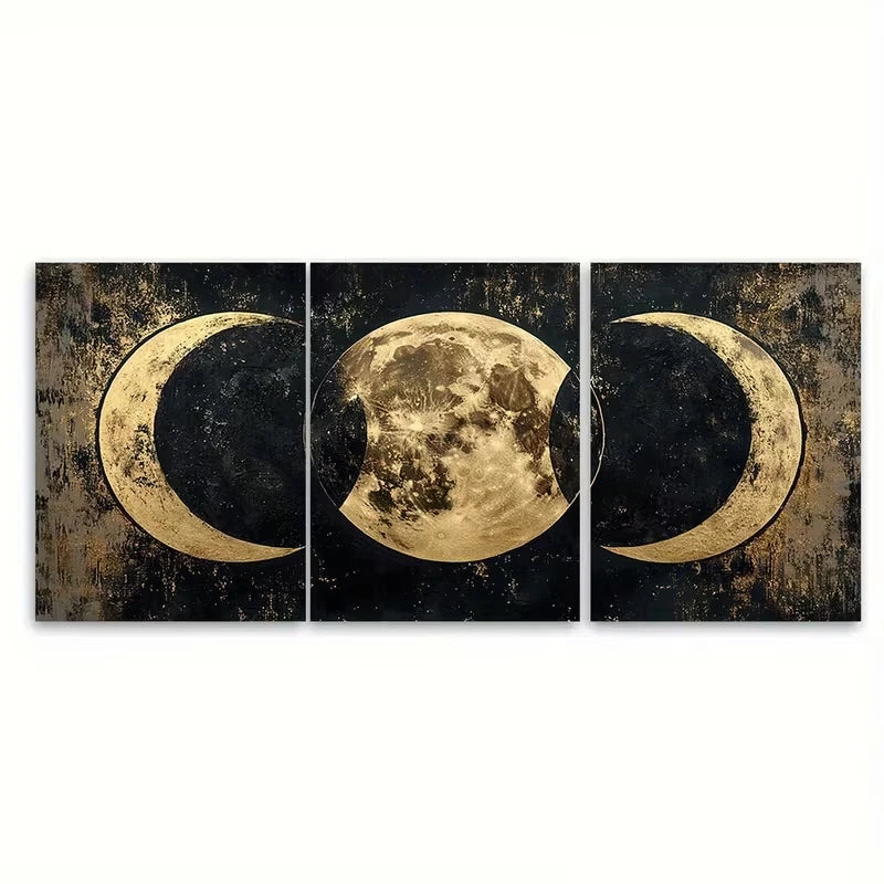 3pcs Moon Phases Black and Golden Metal Print Ready to Hang Art - Bella Home Decor