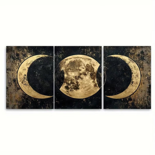 3pcs Moon Phases Black and Golden Metal Print Ready to Hang Art