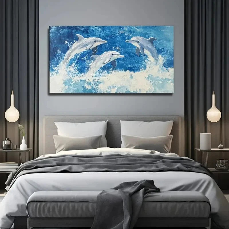 Happy Dolphin Vibrant Ocean Wall Art Canvas Office Home Room Framed 120x60cm