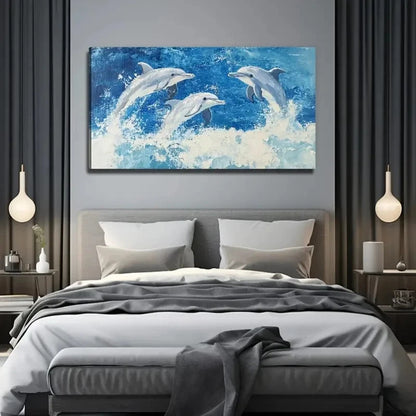 Happy Dolphin Vibrant Ocean Wall Art Canvas Office Home Room Framed 120x60cm