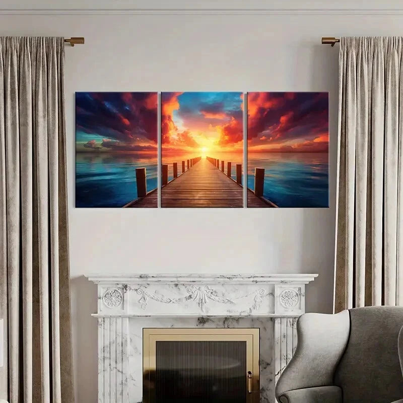 3pcs Sunset Wooden Pier Ocean View Dramatic Metal Print Ready to Hang Art - Bella Home Decor