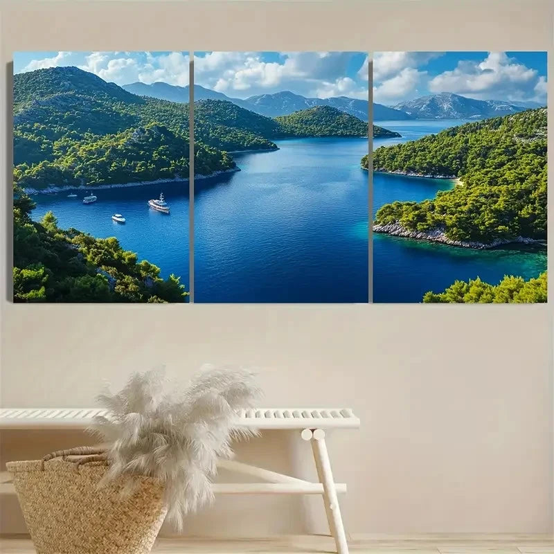 3pcs Blue Waters & Lush Greenery Wall Art Set Canvas Framed 60x90cm - High Quality Print 100% Australian Made Wall Canvas Ready to Hang - Bella Home Decor
