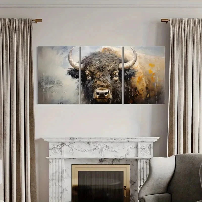 3pcs Abstract Buffalo Art Wildlife Painting Metal Print Ready to Hang Art - Bella Home Decor