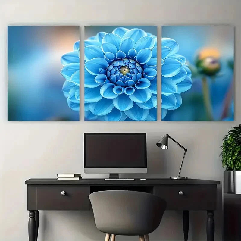 3pcs Cyan Blue Dahlia Flower Macro Floral Design Metal Print Ready to Hang Art - Bella Home Decor
