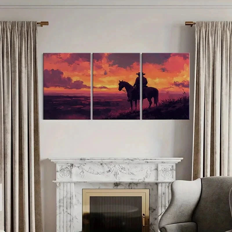 3pcs Western Cowboy Sunset Landscape Art Metal Print Ready to Hang Art - Bella Home Decor