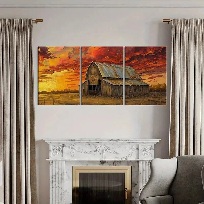 3pcs Rustic Barn Sunset Sky Wooden Structure Metal Print Ready to Hang Art - Bella Home Decor