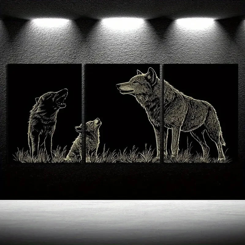 3pcs Wolf Under The Moon Dark Design Metal Print Ready to Hang Art - Bella Home Decor