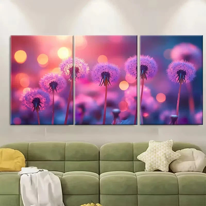 3pcs Purple Dandelion Metal Print Ready to Hang Art
