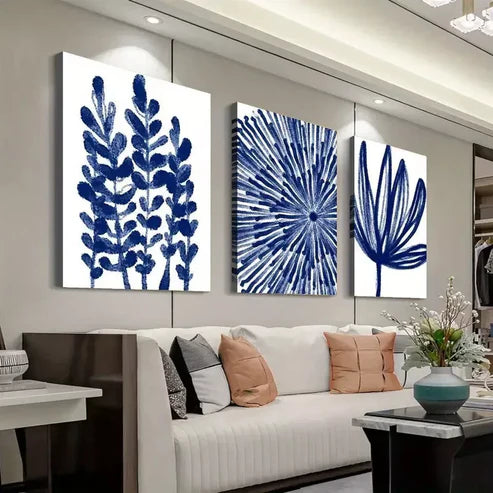 3pcs Vibrant Blue Abstract & Floral Wall Art Set Canvas Unframed - High Quality Print 100% Australian Made Wall Canvas