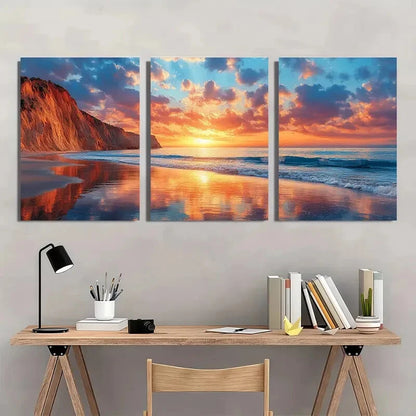3pcs Scenic Beach Waves & Cliffs Reflections Metal Print Ready to Hang Art - Bella Home Decor