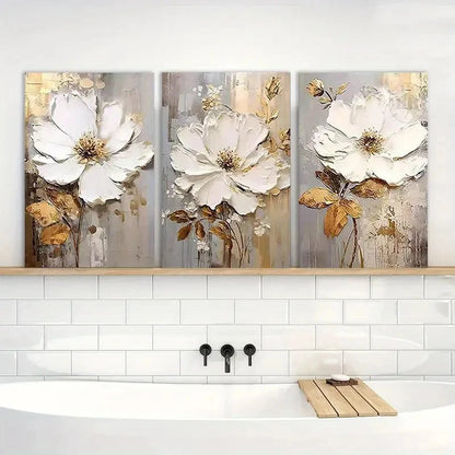 3pcs White Floral Oil Painting Metal Print Ready to Hang Art - Bella Home Decor