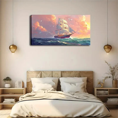 Serene Nautical  Pink Sky Ocean Wall Art Canvas Office Home Room Framed 120x60cm - Bella Home Decor