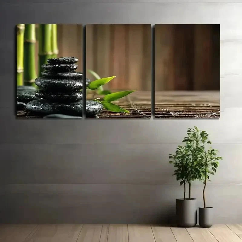 3pcs Black Zen Stones with Bamboo Painting Metal Print Ready to Hang Art - Bella Home Decor