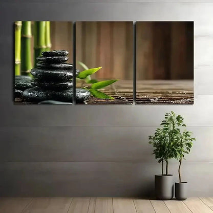 3pcs Black Zen Stones with Bamboo Painting Metal Print Ready to Hang Art - Bella Home Decor