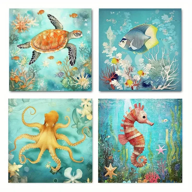 4pcs Vibrant Sea Turtle, Octopus, Seahorse & Wha Wall Art Canvas Framed