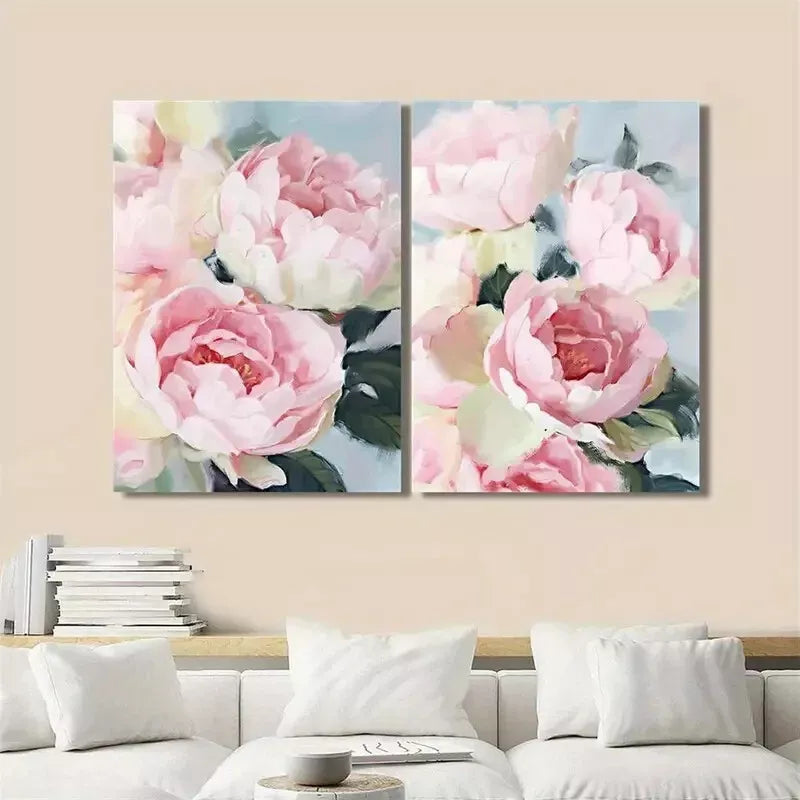 2pcs Decorative Painting, Pink Flowers, Soft Tones Canvas Framed 50x75cm - High Quality Print 100% Australian Made Wall Canvas Ready to Hang - Bella Home Decor