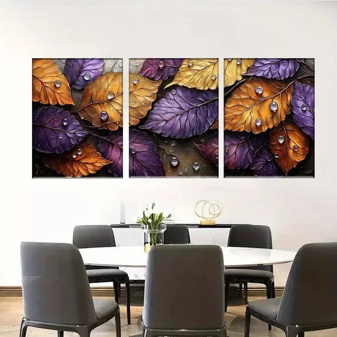 3pcs Autumn Leaves with Water Droplets Wall Art Canvas Unframed - High Quality Print 100% Australian Made Wall Canvas