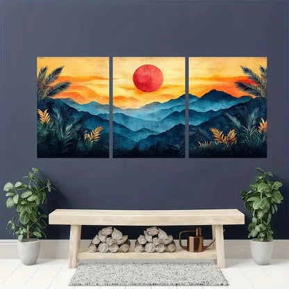 3pcs Palm Leaf Geometric Landscape Abstract Shape Metal Print Ready to Hang Art