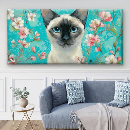 Siamese Cat Turquoise & Pink Wall Art Canvas Office Home Room Framed 120x60cm