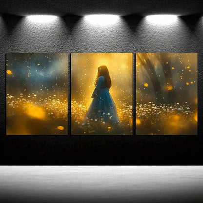 3pcs Vibrant Moonlit Girl in Flower Field Metal Print Ready to Hang Art