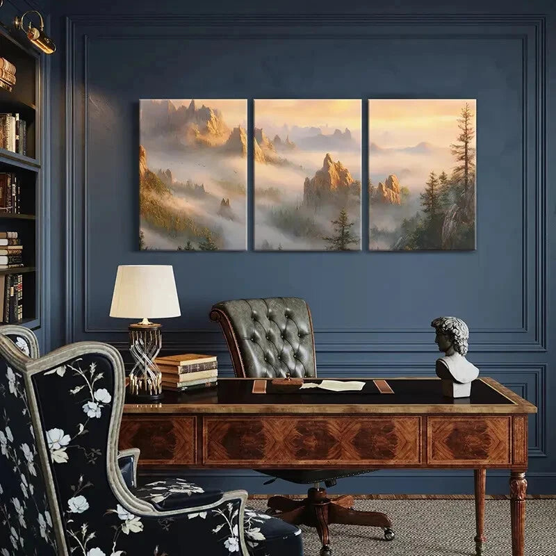 3pcs Mountain Landscape Misty Peaks Forest Scene Metal Print Ready to Hang Art - Bella Home Decor