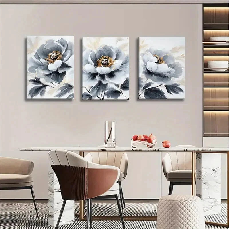 3pcs Elegant Peony Floral White and Golden Metal Print Ready to Hang Art - Bella Home Decor