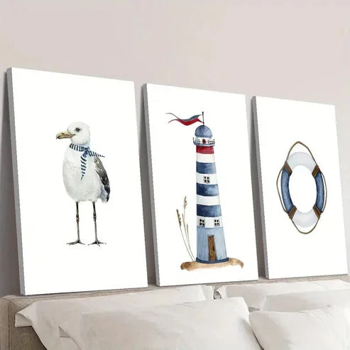 3pcs White Seagull Wearing Scarf, Lighthouse Wall Art Canvas Unframed - High Quality Print 100% Australian Made Wall Canvas