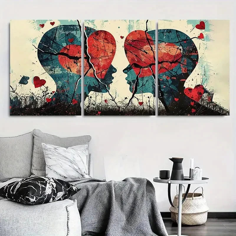 3pcs Abstract Emotional Broken Heart Faces Metal Print Ready to Hang Art - Bella Home Decor