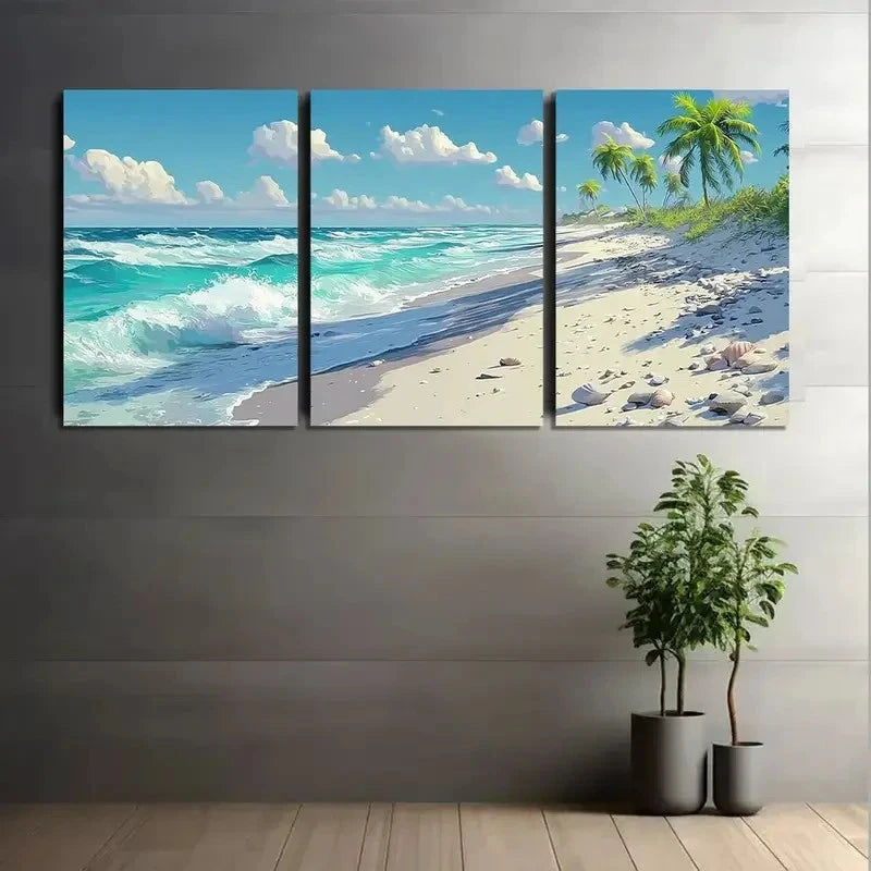 3pcs Beach with White Sand and Palm Trees Metal Print Ready to Hang Art - Bella Home Decor