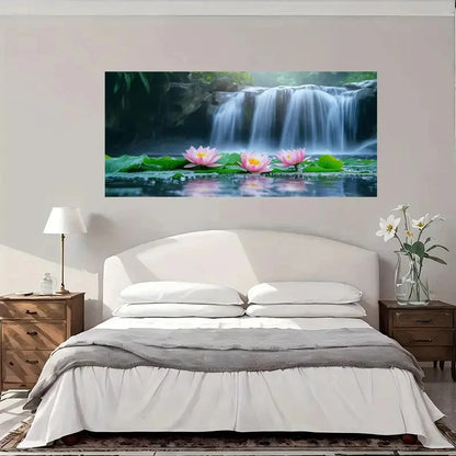 Waterfall for Lotus Flowers Wall Art Canvas Office Home Room Framed 120x60cm