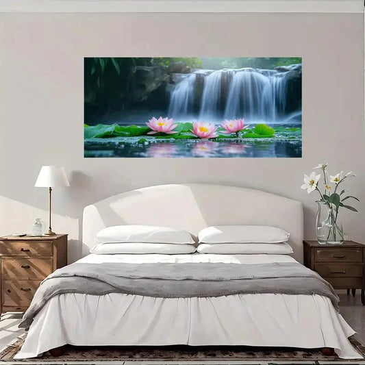 Waterfall for Lotus Flowers Wall Art Canvas Office Home Room Framed 120x60cm