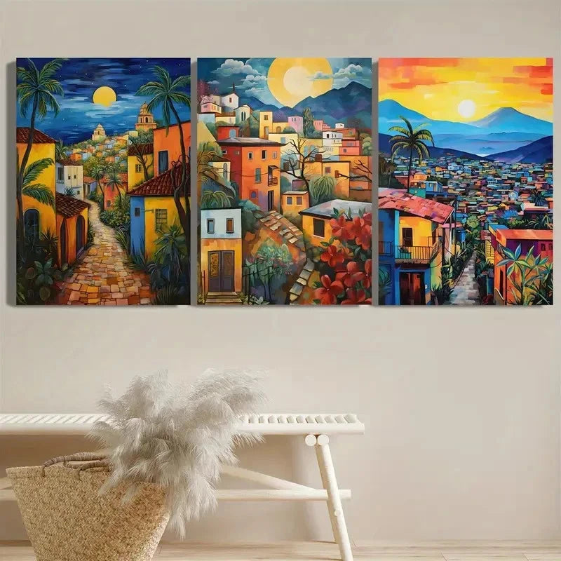 3pcs Moonlit Sky Vibrant Tropical Street Scene Metal Print Ready to Hang Art