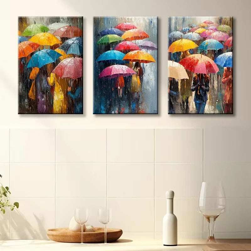 3pcs Vibrant Umbrella Rainy Day Scene Wall Art Set Canvas Framed 40x60cm - High Quality Print 100% Australian Made Wall Canvas Ready to Hang