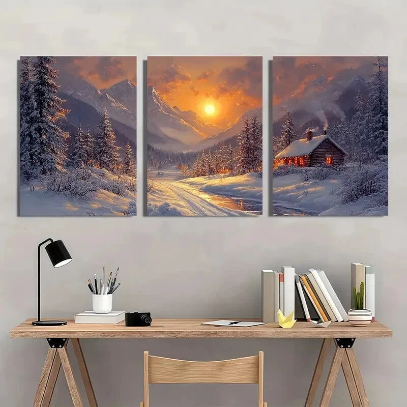 3pcs Snowy Mountain Landscape Cozy Cabin Scene Metal Print Ready to Hang Art - Bella Home Decor