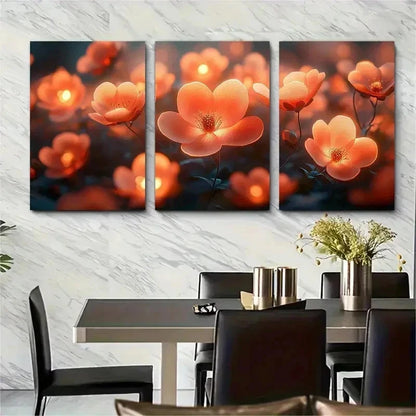 3pcs Floral Lantern Orange Red Blooms Perfect Wall Art Set Canvas Framed 50x70cm - High Quality Print 100% Australian Made Wall Canvas Ready to Hang